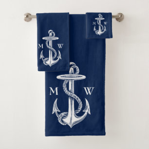 Vintages weißes Ankerseil Navy Blue Monogram Badhandtuch Set