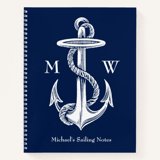 Vintages weißes Ankerseil Navy Blue Monogram Notizbuch (Vorderseite)