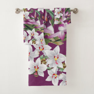 Vintages weißes lila Orchideen-Blumen-Bad-Tuch-Se Badhandtuch Set