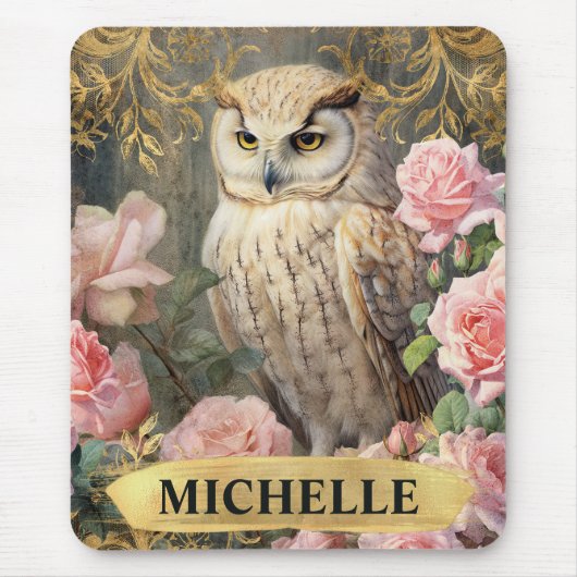Vintages weißes Owl und rosa Rosen Mousepad (Vorne)