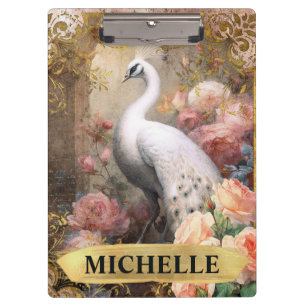 Vintages weißes Pfau und rosa Rosen Klemmbrett
