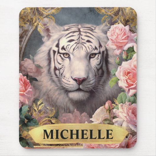 Vintages Weißes Tiger und Rosen Mousepad (Vorne)