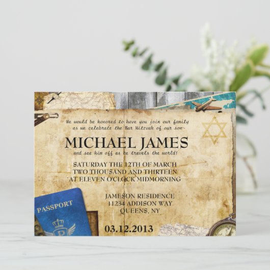 Vintages Weltreise-Bar/Schläger Mitzvah Einladung (Stehend Vorderseite)