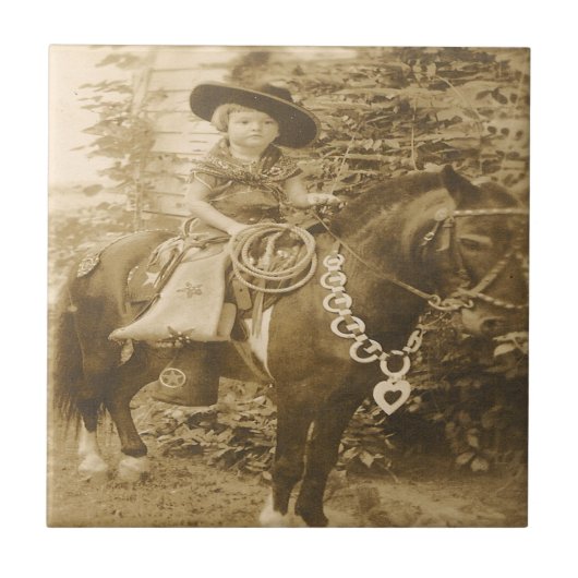 Vintages Western-Cowgirl auf Pony Fliese (Vorderseite)