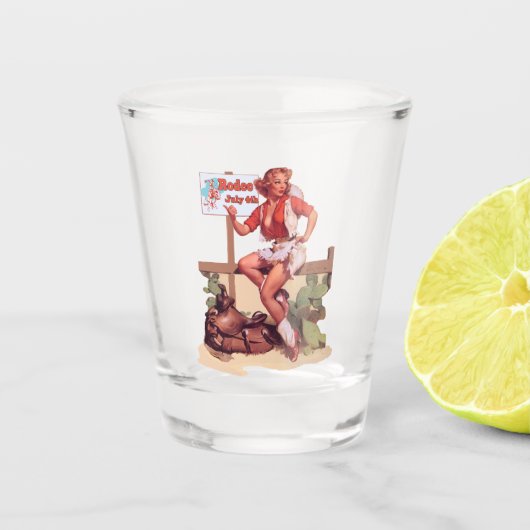 Vintages Western-Cowgirl mit Sattel-und Schnapsglas (Vorderseite)