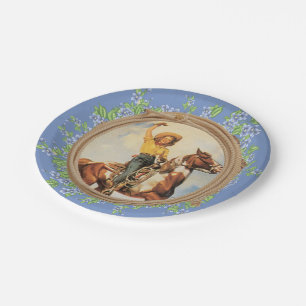 Vintages Western-Cowgirl-Pferd mit Seil-Blumen Pappteller