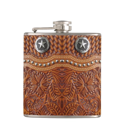 Vintages Western-Landmuster aus gepolstertem Leder Flachmann (Vorderseite)