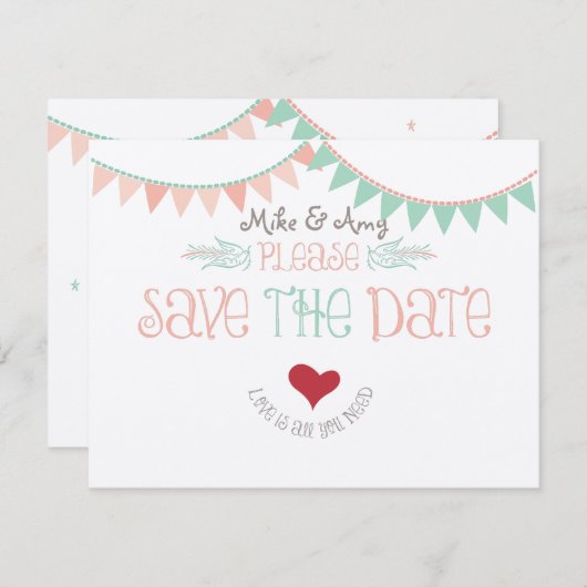 Vintages Whimsisches Bunting Save the Date (Vorne/Hinten)