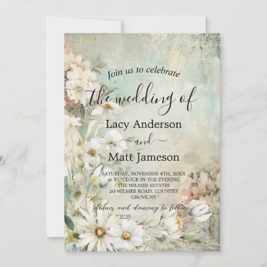 Vintages White Daisy Foto QR Code Hochzeit Einladung (Vorderseite)