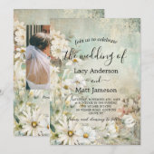 Vintages White Daisy Foto QR Code Hochzeit Einladung (Vorne/Hinten)