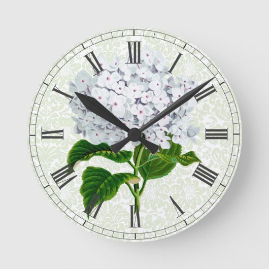 Vintages White Hydrangea Runde Wanduhr (Vorderseite)