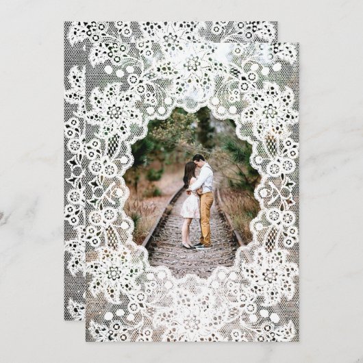 Vintages White Lace Foto Hochzeitseinladungen Einladung (Vorne/Hinten)
