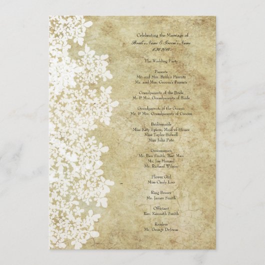 Vintages White Queen Ann's Lace Wedding Program Programm (Vorderseite)