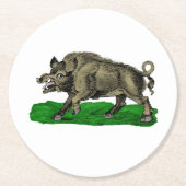 Vintages Wildschwein Zeichne BW #3C Runder Pappuntersetzer (Vorderseite)