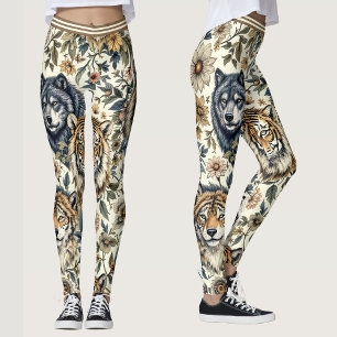 Vintages Wildtier- und Blumenmuster auf Weiß Leggings