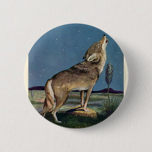 Vintages Wildtier, Wolf Howling am Mond Button