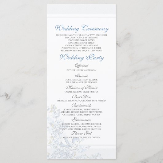 Vintages Winterhochzeitprogramm für Blaue Vögel Programm (Rückseite)