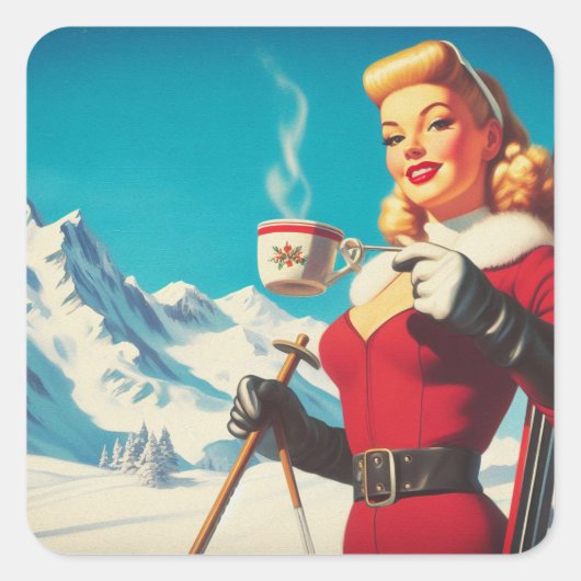 Vintages Wintermädchen Quadratischer Aufkleber (Vorderseite)