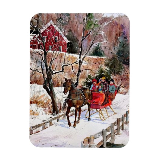 Vintages Winterpferd und Schlitten im Schnee Magnet (Vertikal)