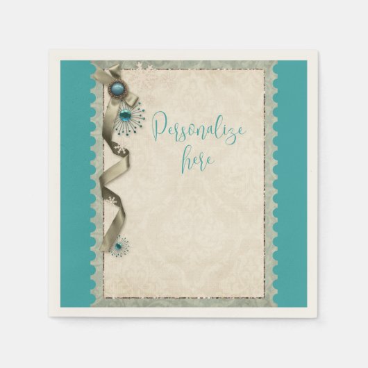 Vintages Winterschneeflockengold aquamarin Serviette (Vorderseite)