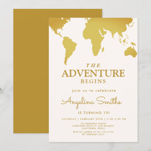 Vintages World Travel Map Adventure Gold Geburtsta Einladung