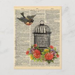 Vintages Wörterbuch Art Bird und Cage mit Blume Postkarte