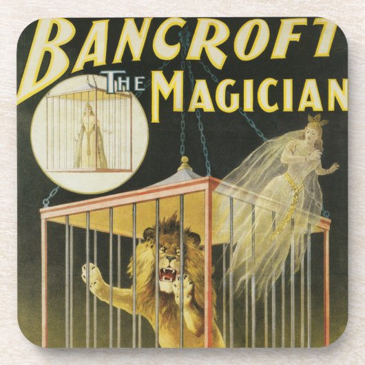 Vintages Zauberposter, Magician Bancroft und Löwe Getränkeuntersetzer (Vorderseite)