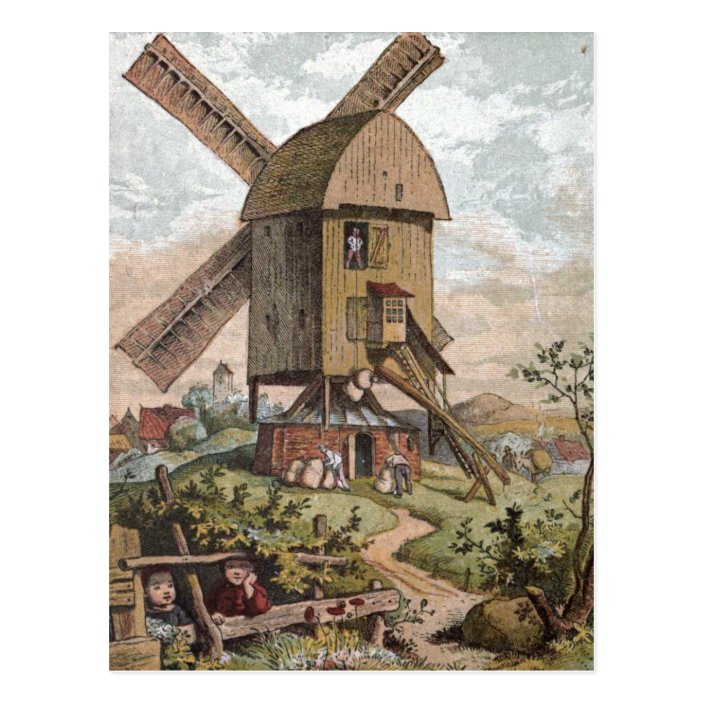 Vintages Zeichnen Die alte Mühle Postkarte Zazzle.de