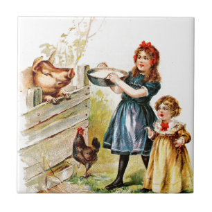 Vintages Zeichnen: Füttern des Schweins Fliese