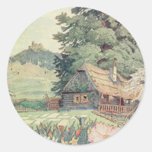 Vintages Zeichnen: Kleine GebirgsHütte im Frühli Runder Aufkleber