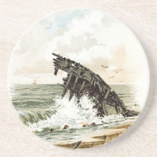 Vintages Zeichnen: Schiffbruch auf dem Strand Untersetzer
