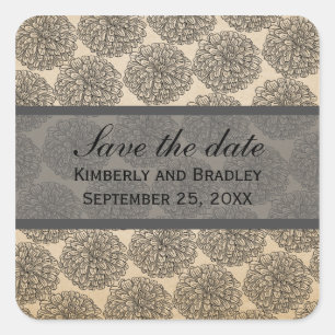 Vintages Zinnia-Save the Date Stickers, grau Quadratischer Aufkleber