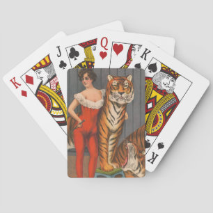 Vintages Zirkusposter der Frau mit sechs Tigern. Spielkarten