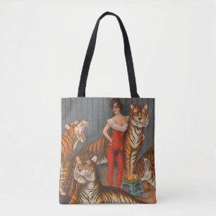 Vintages Zirkusposter der Frau mit sechs Tigern. Tasche
