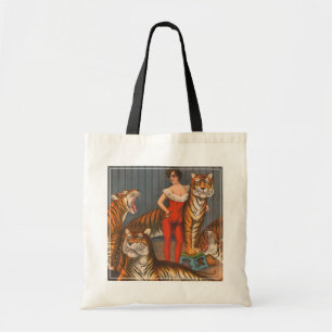 Vintages Zirkusposter der Frau mit sechs Tigern. Tragetasche