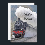 Vintages Zugdampflokomotive Foto Geburtstag Einladung<br><div class="desc">Eine Dampflokomotive ist eine Lokomotive, die ihren Power durch einen Dampfzug-Motor produziert. Diese Lokomotiven werden durch das Verbrennen brennbarer Materialien - in der Regel Kohle, Holz oder Öl - zur Dampferzeugung angetrieben. Die meisten Dampflokomotiven wurden in den 80er Jahren aus dem Linienverkehr ausgeschickt, obwohl einige weiterhin auf touristischen und historischen...</div>