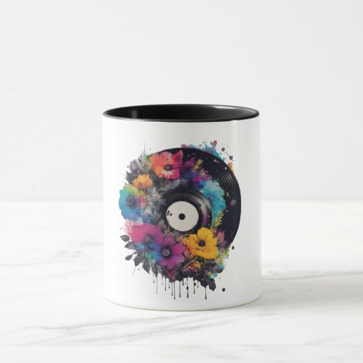 Vinyl Datensatz mit farbigen Blume Tasse (Zentrum)