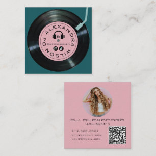Vinyl-Player DJ Mitternachtsgrün & Pink Foto QR Quadratische Visitenkarte