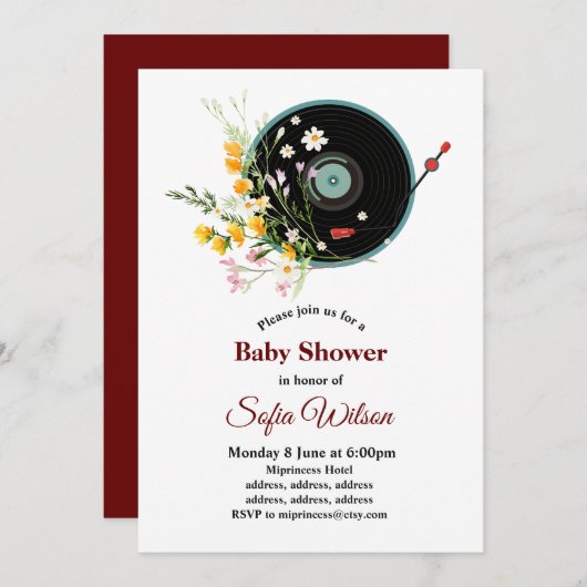 Vinyl Record, floral, Oldies Rustikal, Frauenmusik Einladung (Vorne/Hinten)