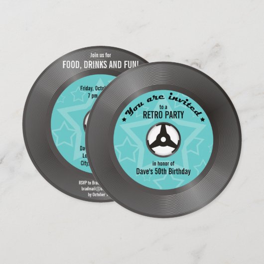 Vinyl Retro Party Einladung (Vorne/Hinten)