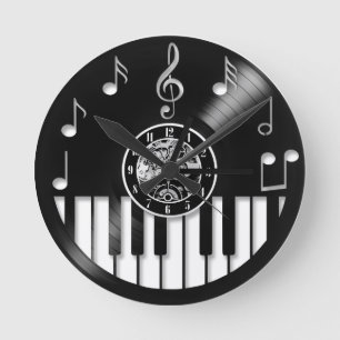 Vinyl-Schallplatte Klavier und Musikelemente Runde Wanduhr
