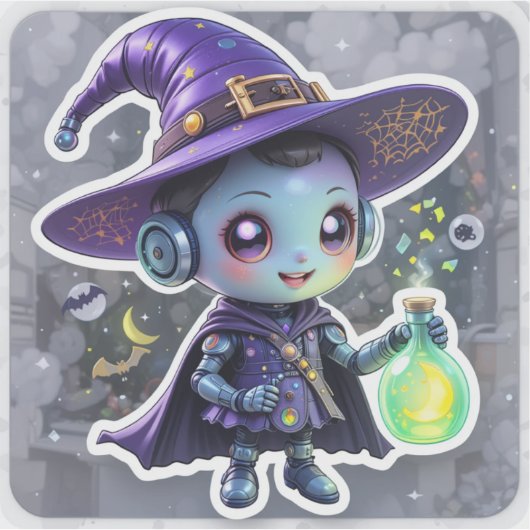 Vinyl Sticker Kawaii Hexenrobot mit Magic Tränke (Vorderseite)