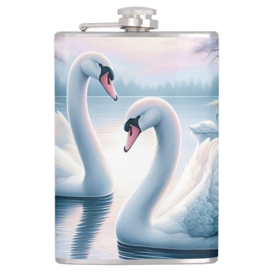 Vinyl ummantelte Flasche, Schwäne in einem ruhigen Flachmann (Vorderseite)