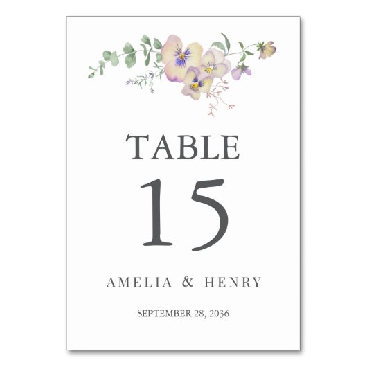 Viola & Eucalyptus Floral Wedding Table Number Tischnummer (Vorderseite)