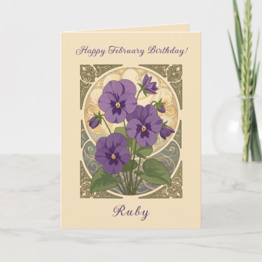 Viola February Birthday Flowers Art Nouveau Style Karte (Vorderseite)