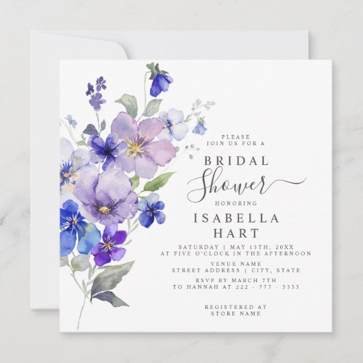 Viola Floral Lila Blue Navy Blume Brautparty Einladung (Vorderseite)