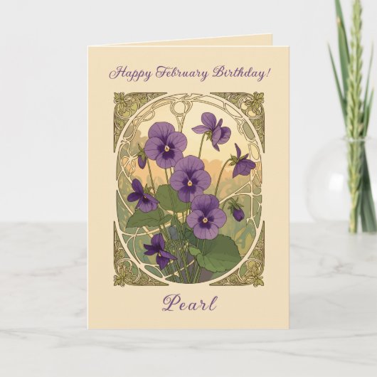 Viola Flowers February Birthday Art Nouveau Style Karte (Vorderseite)