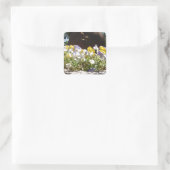 Violas in einem Steintrog. Quadratischer Aufkleber (Tasche)