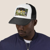 Violas in einem Steintrog. Truckerkappe (Beispiel)