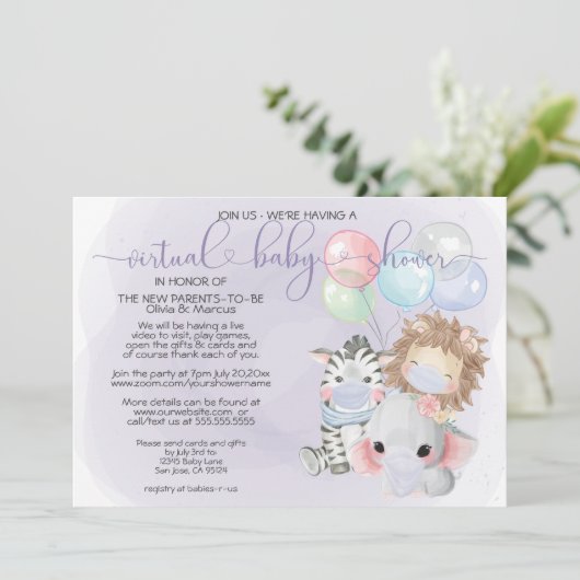 Violet 3 Niedliche Tiere in Masken Virtual Baby Du Einladung (Stehend Vorderseite)